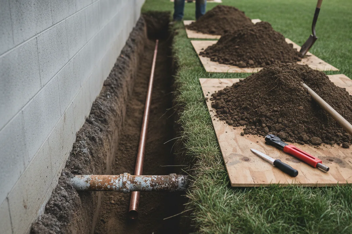 Excavated water line trench during Sewer Line Repair in Beaver Meadows